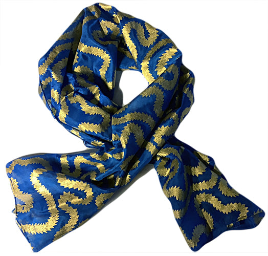 Silk scarf in blue with gold print - 135 x 35cms