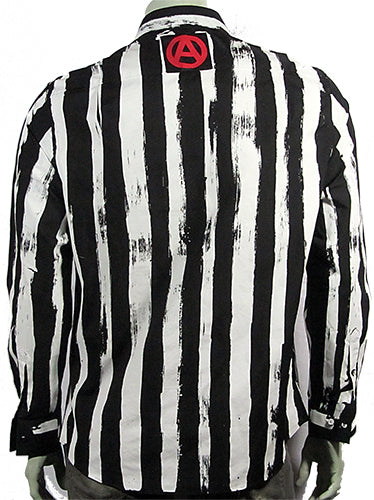 Dress Up to Mess Up shirt in black with white stripes and patches.