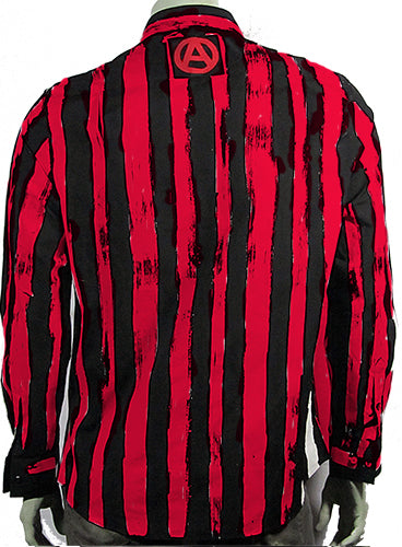 Dress Up to Mess Up shirt in black with red stripes and patches.