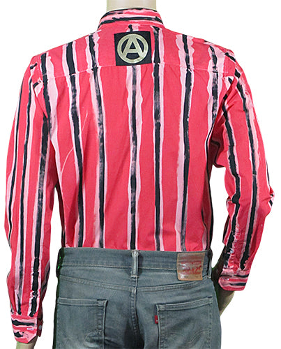 Romance of Anarchy red painted striped shirt with gold print patches