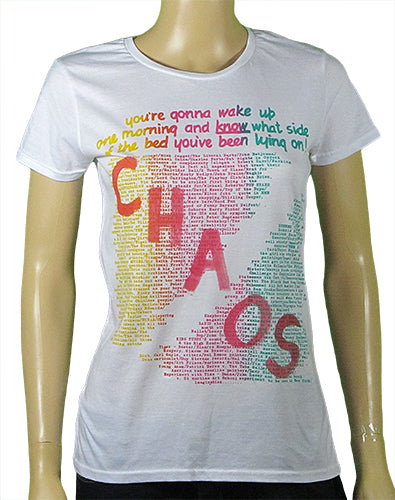 SALE: WOMENS small 8-10 Wake Up in yellow pink and green with CHAOS on Women's white t-shirt
