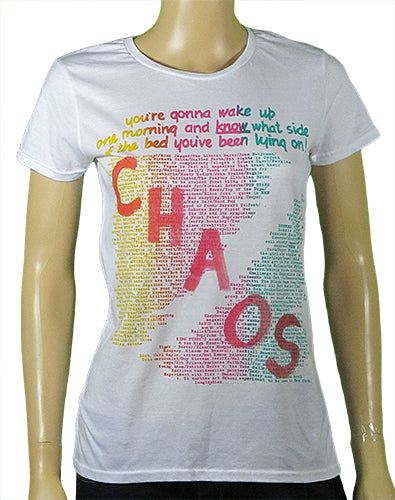 SALE: WOMENS small 8-10  Wake Up in yellow pink and green with CHAOS on Women's white t-shirt