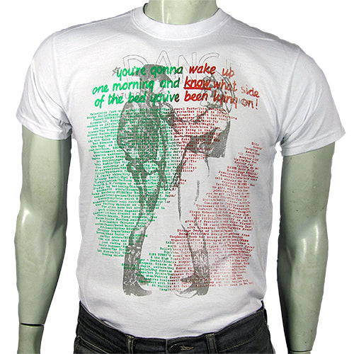 Wake Up in green/red with grey cowboys on white T-SHIRT or MUSLIN