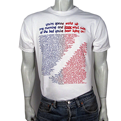 Wake Up in blue and red on INSIDE OUT white t-shirt