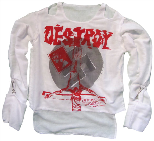 Destroy in red and grey on white muslin