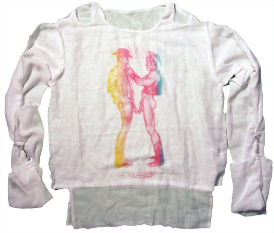 Cowboys in yellow, pink and green on white muslin