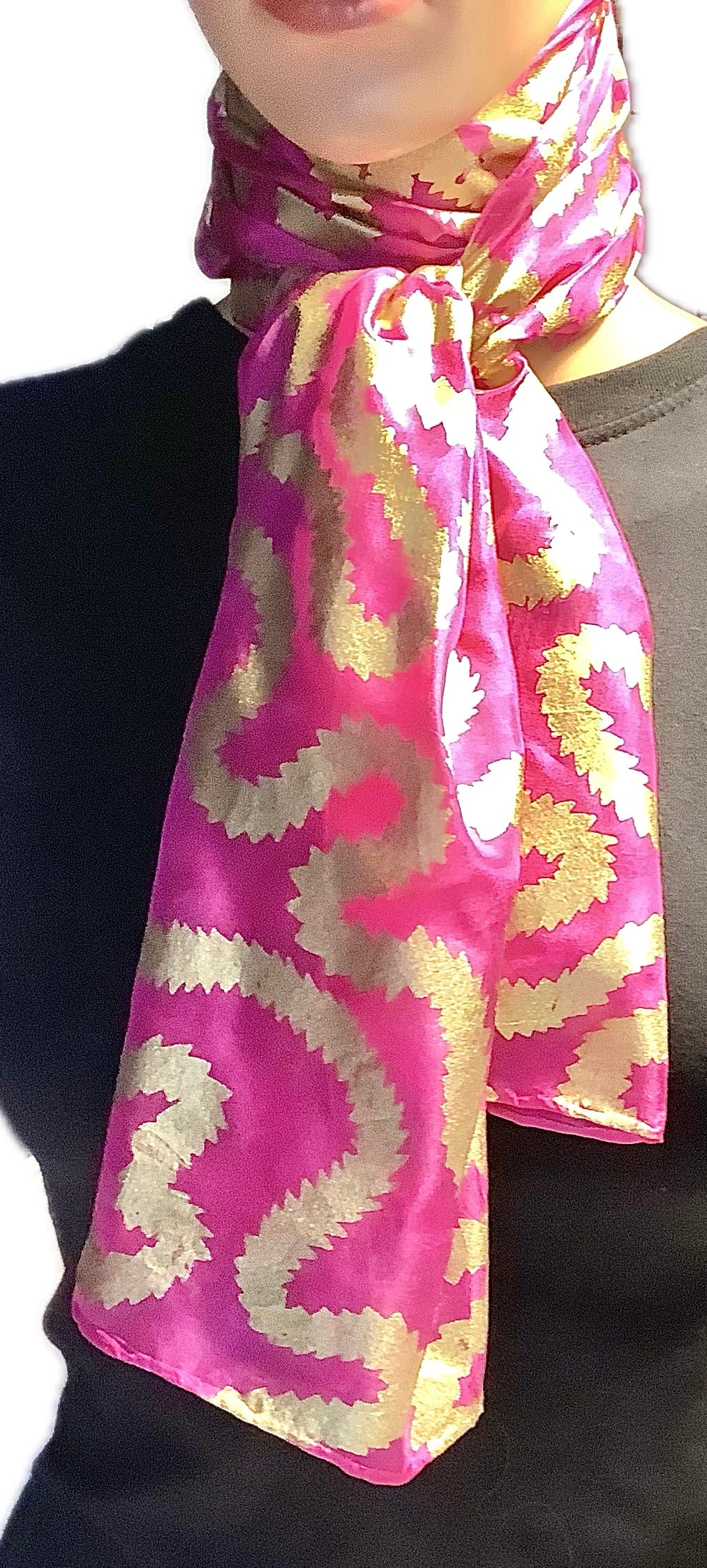 Silk scarf in Cerise Pink with gold print - 135x35cms