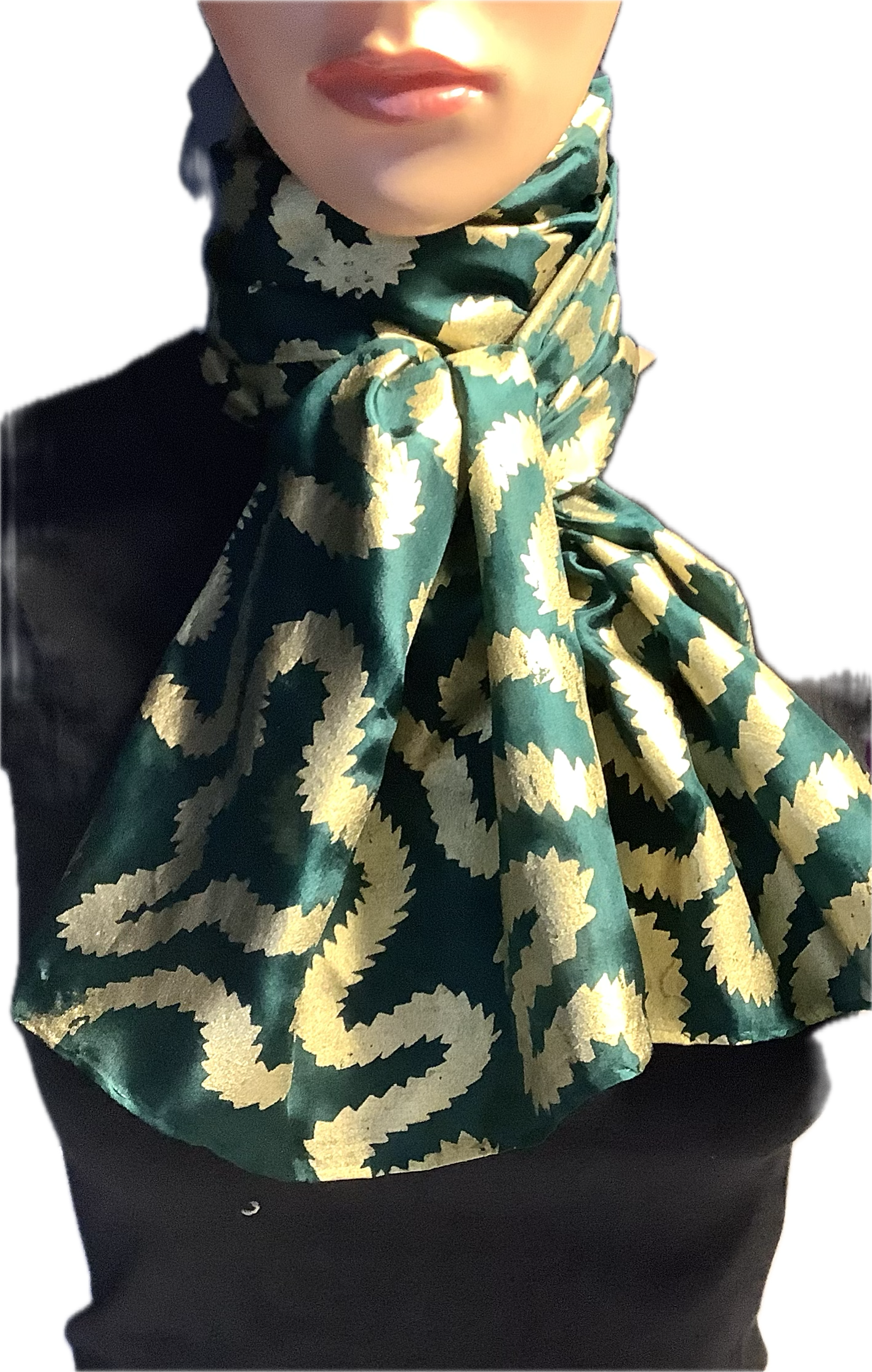 Silk scarf in Forest Green with gold print 135 x 35cms