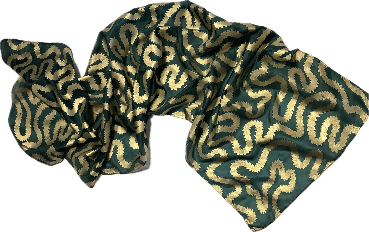 Silk scarf in Forest Green with gold print 135 x 35cms