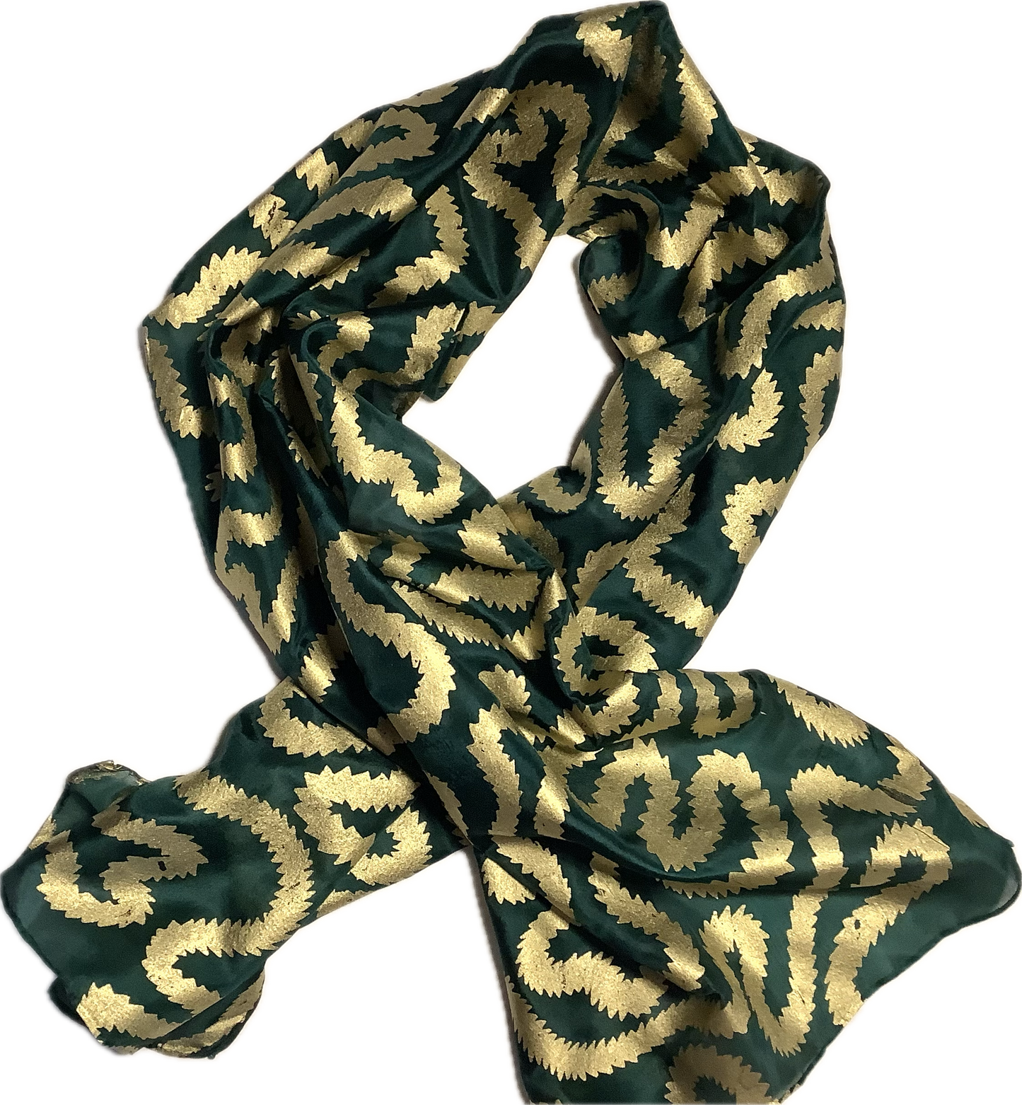 Silk scarf in Forest Green with gold print 135 x 35cms