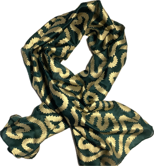 Silk scarf in Forest Green with gold print 135 x 35cms
