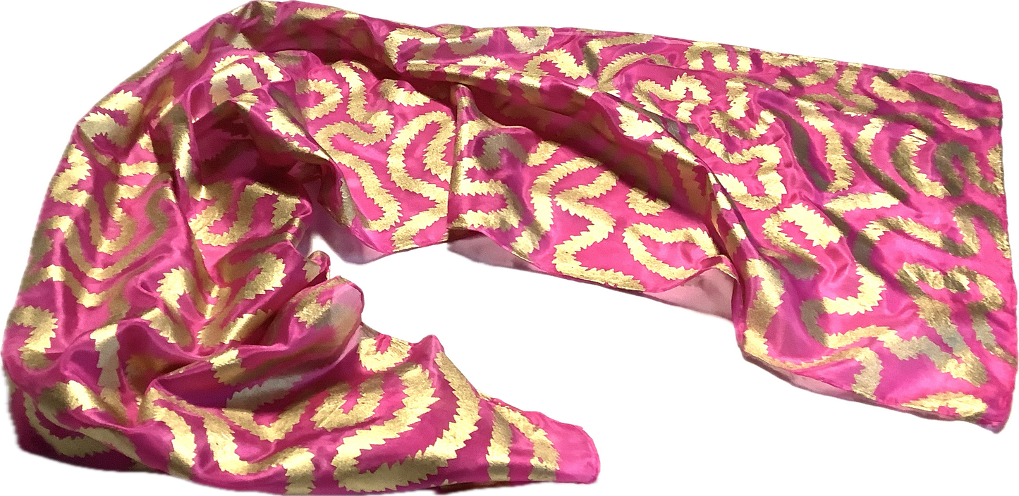 Silk scarf in Cerise Pink with gold print - 135x35cms