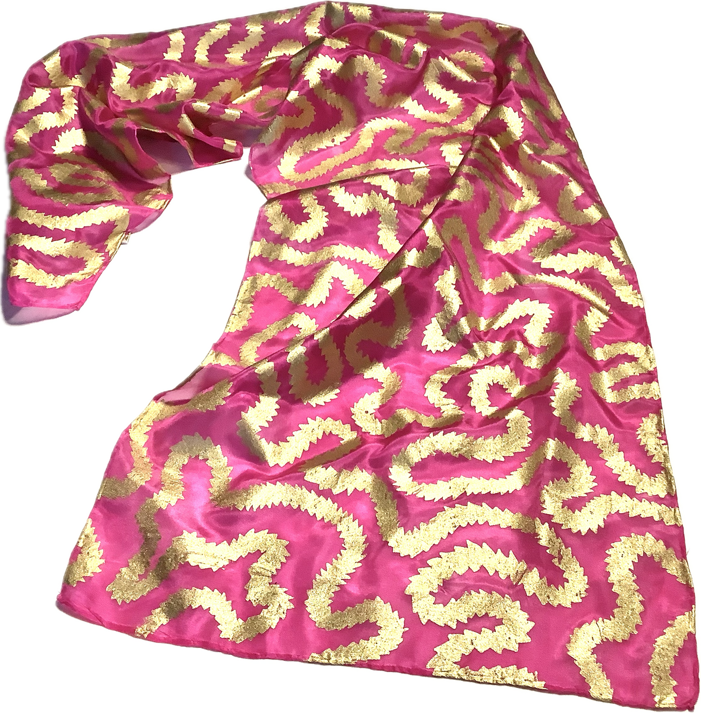 Silk scarf in Cerise Pink with gold print - 135x35cms