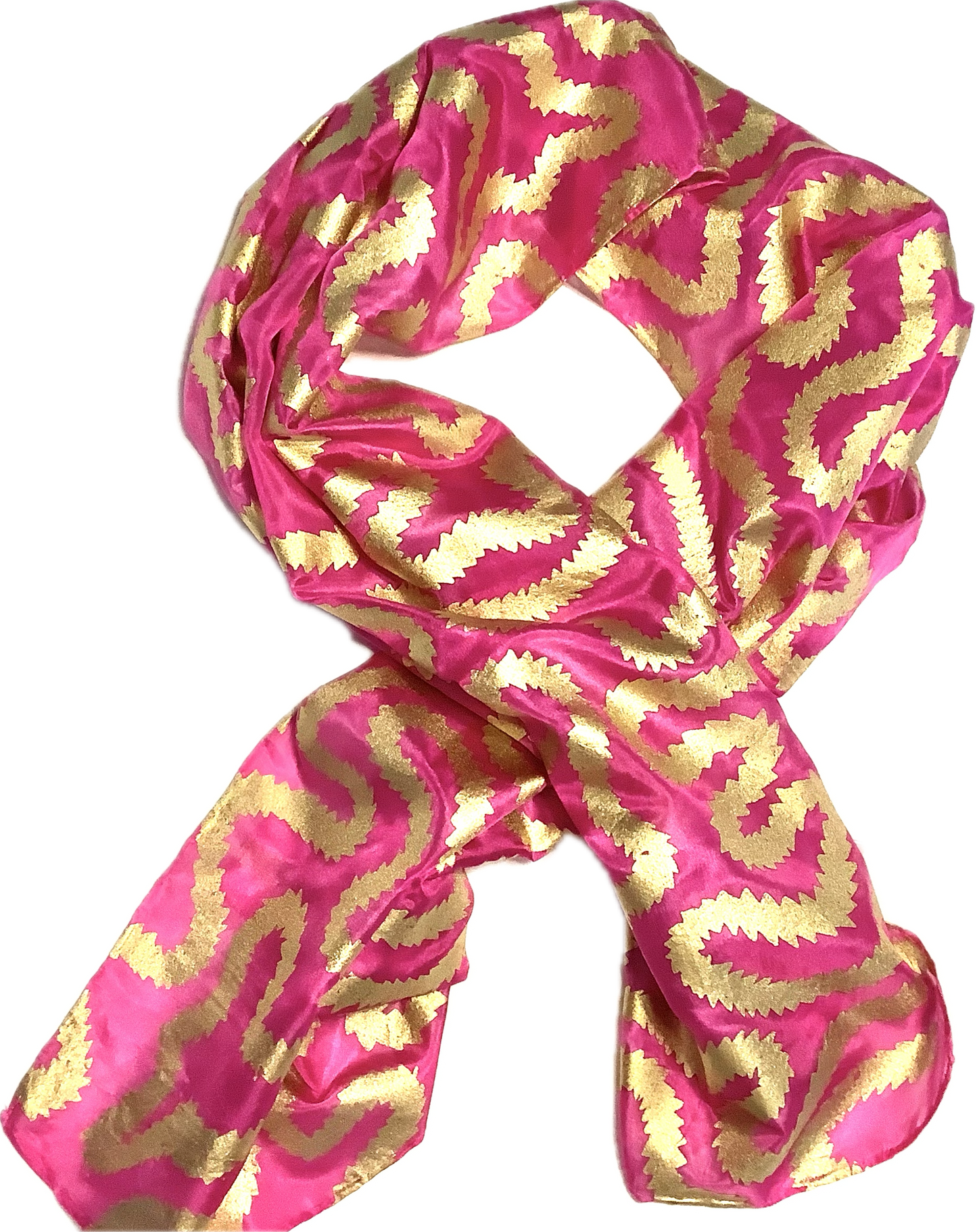 Silk scarf in Cerise Pink with gold print - 135x35cms