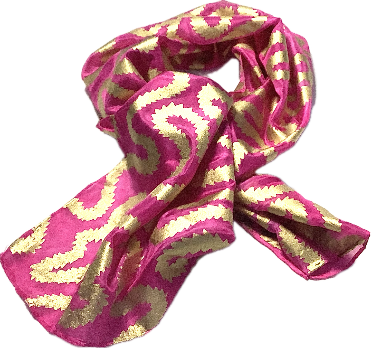 Silk scarf in Cerise Pink with gold print - 135x35cms
