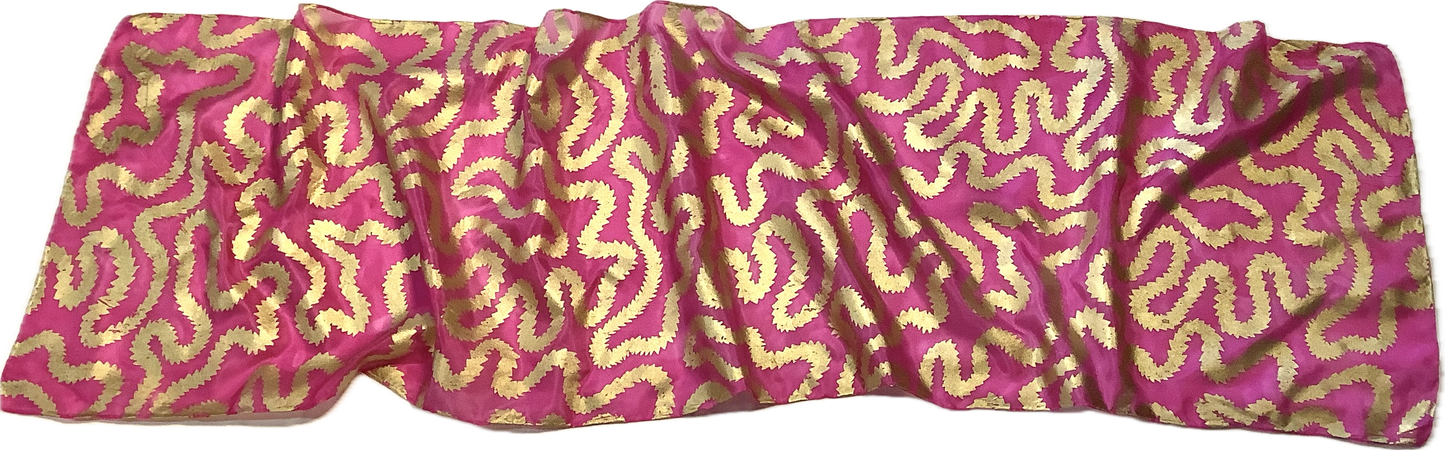 Silk scarf in Cerise Pink with gold print - 135x35cms