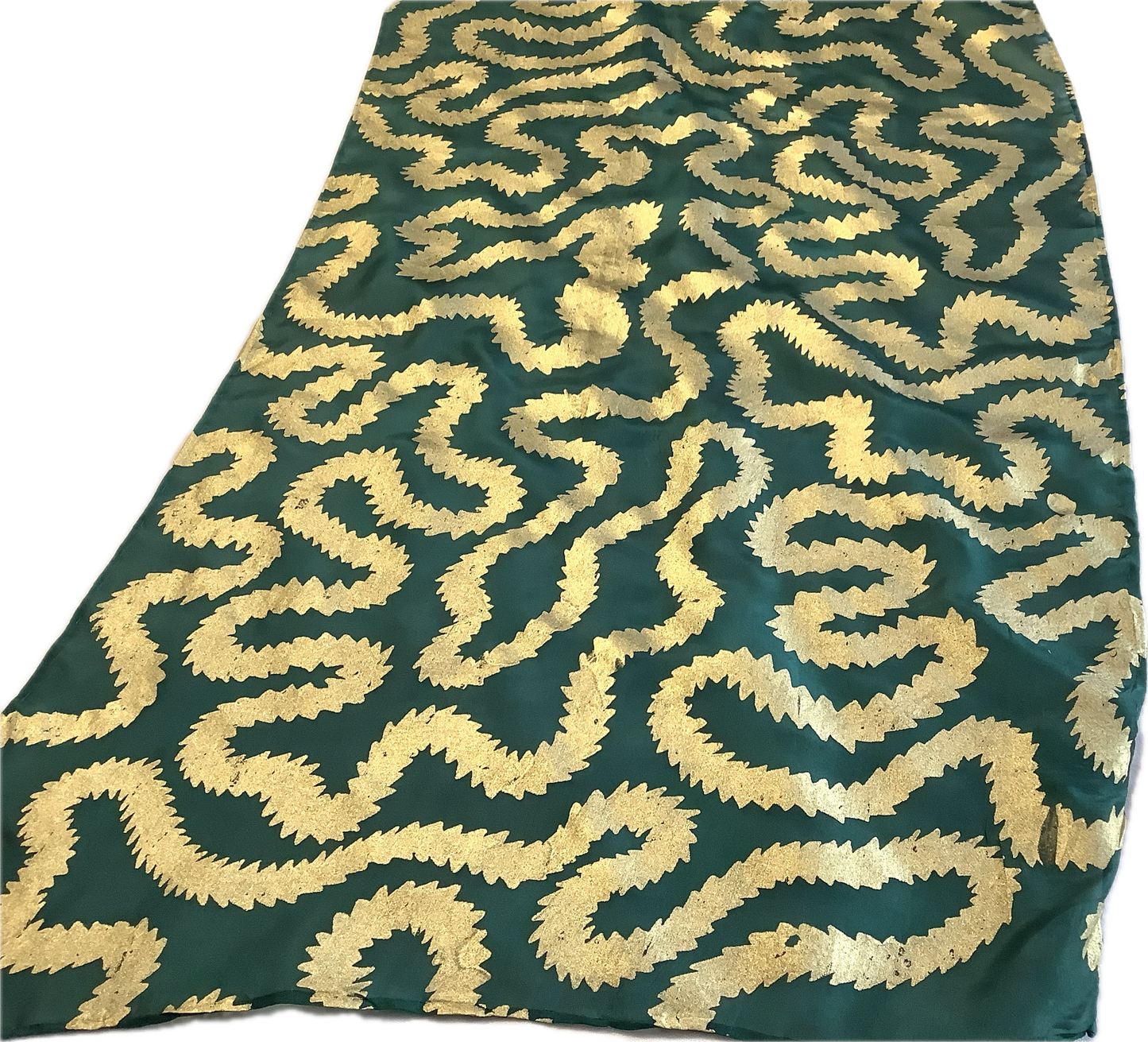 Silk scarf in Forest Green with gold print 135 x 35cms