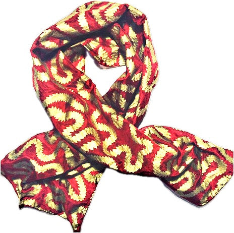 Silk scarf in red with gold print 135cms x 35 cms