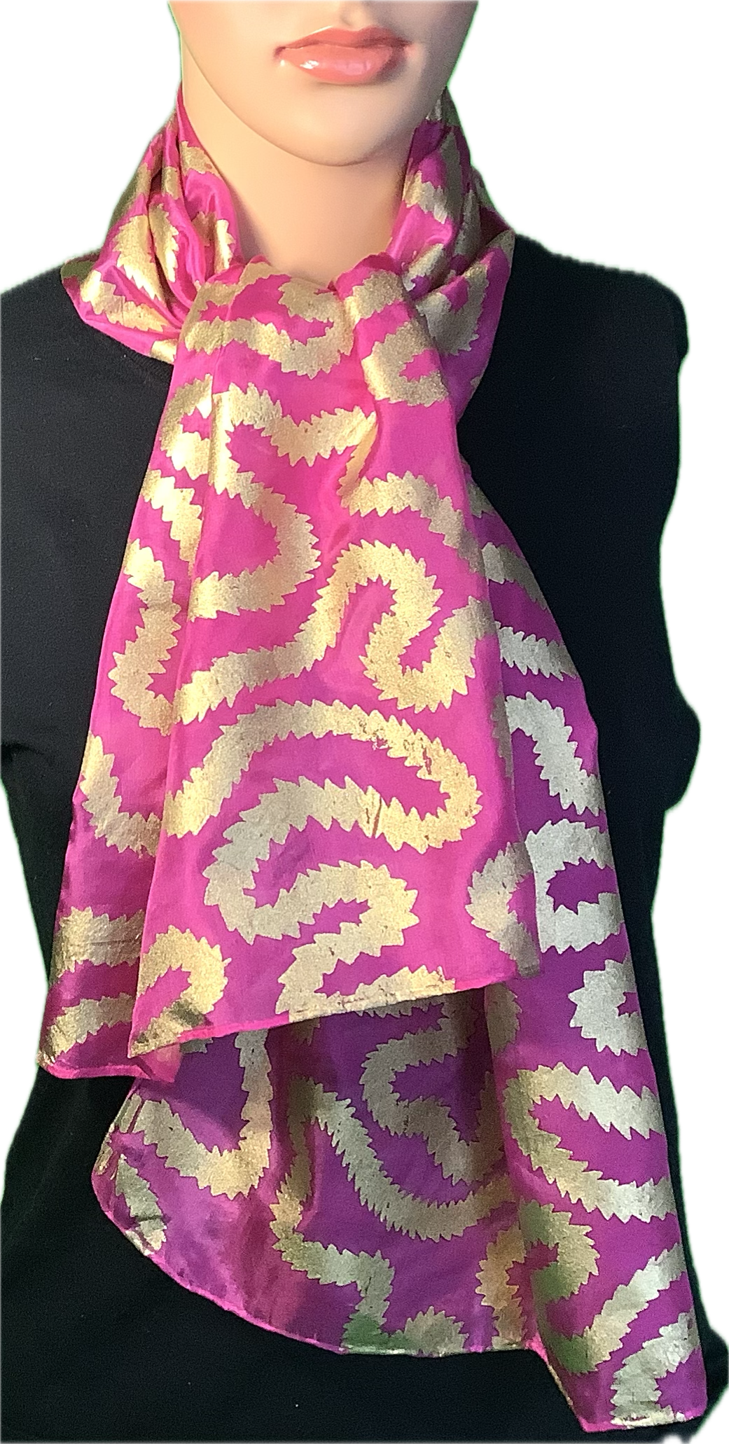 Silk scarf in Cerise Pink with gold print - 135x35cms