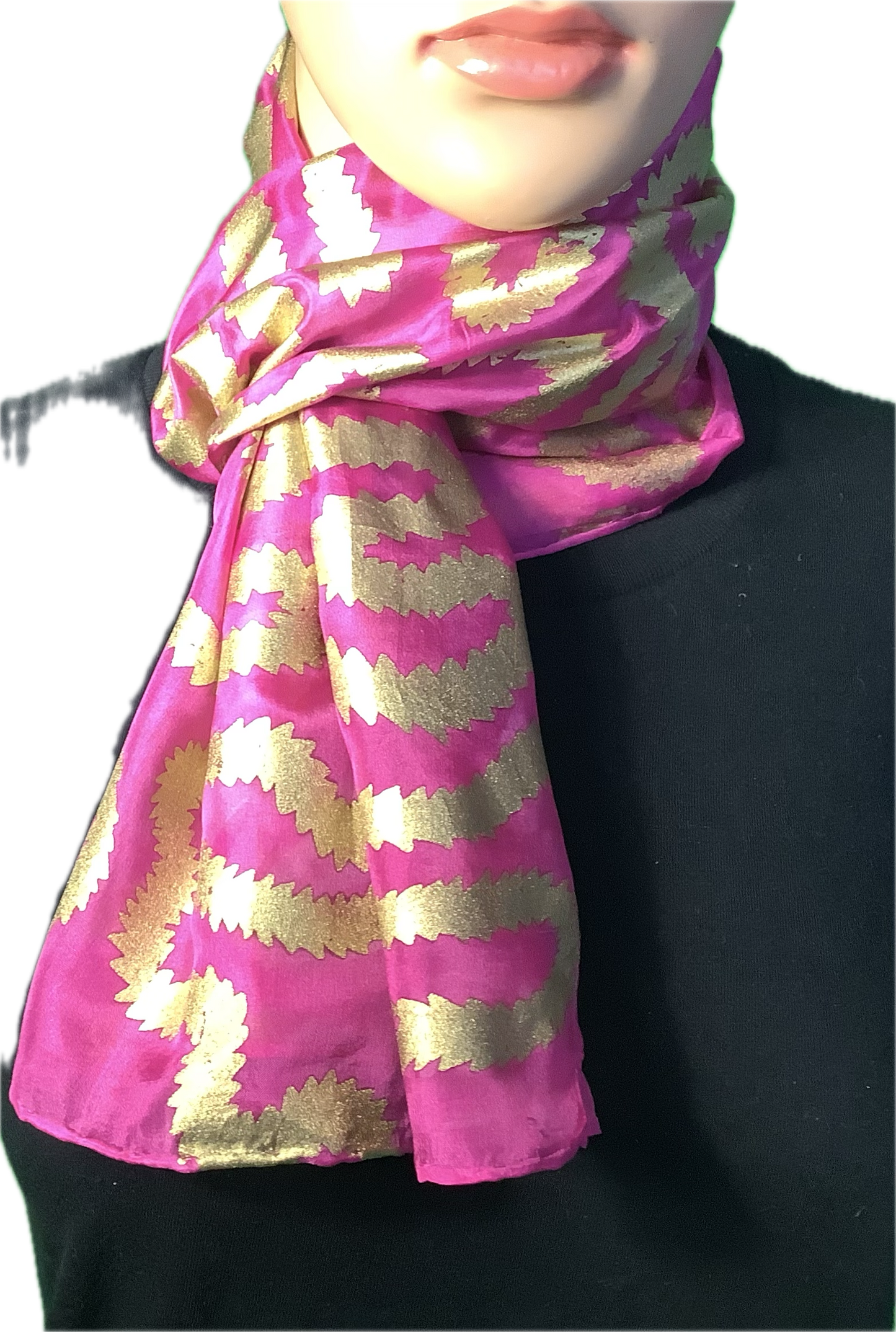 Silk scarf in Cerise Pink with gold print - 135x35cms