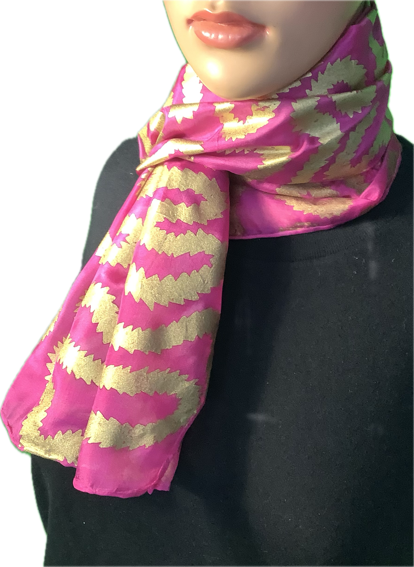 Silk scarf in Cerise Pink with gold print - 135x35cms