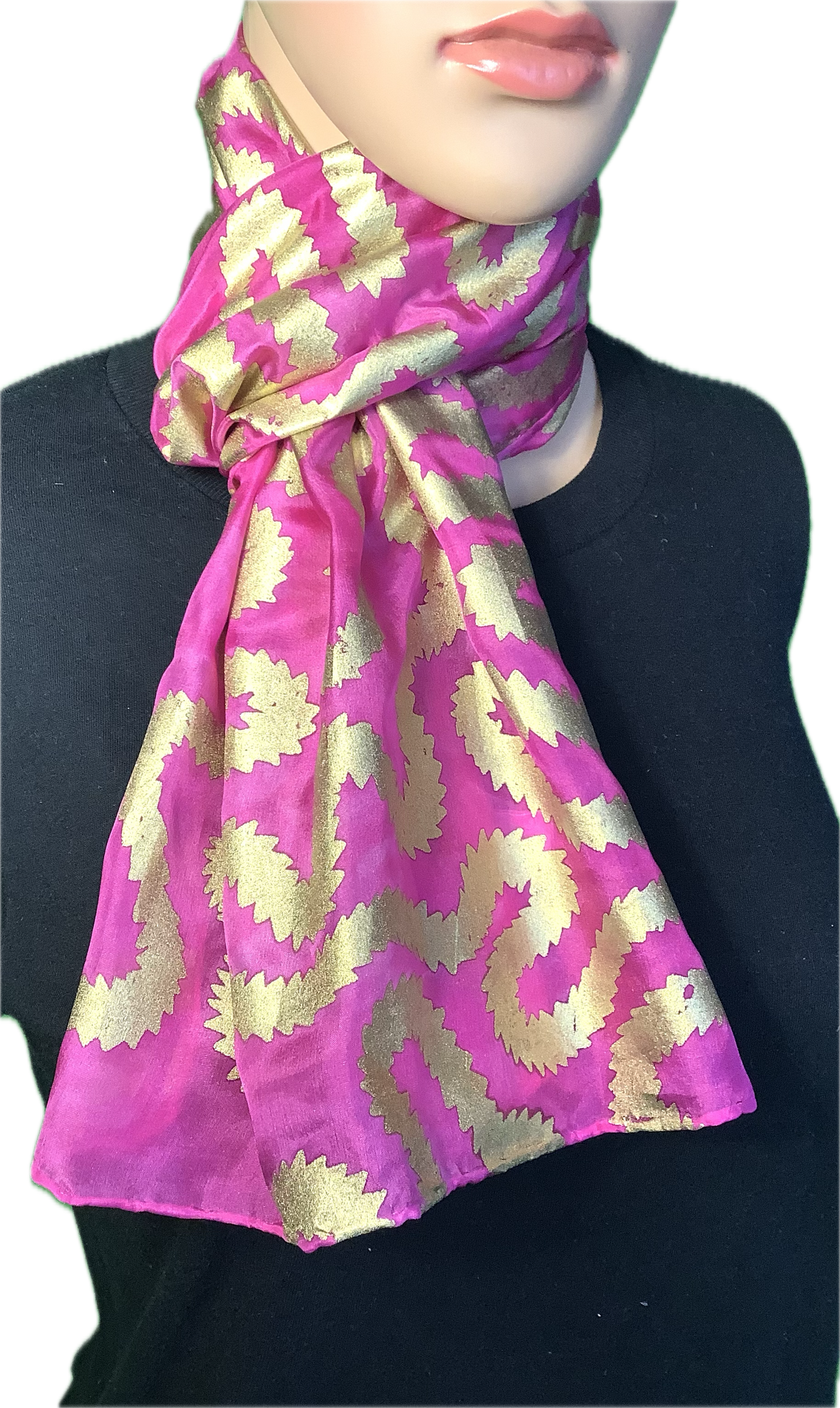 Silk scarf in Cerise Pink with gold print - 135x35cms