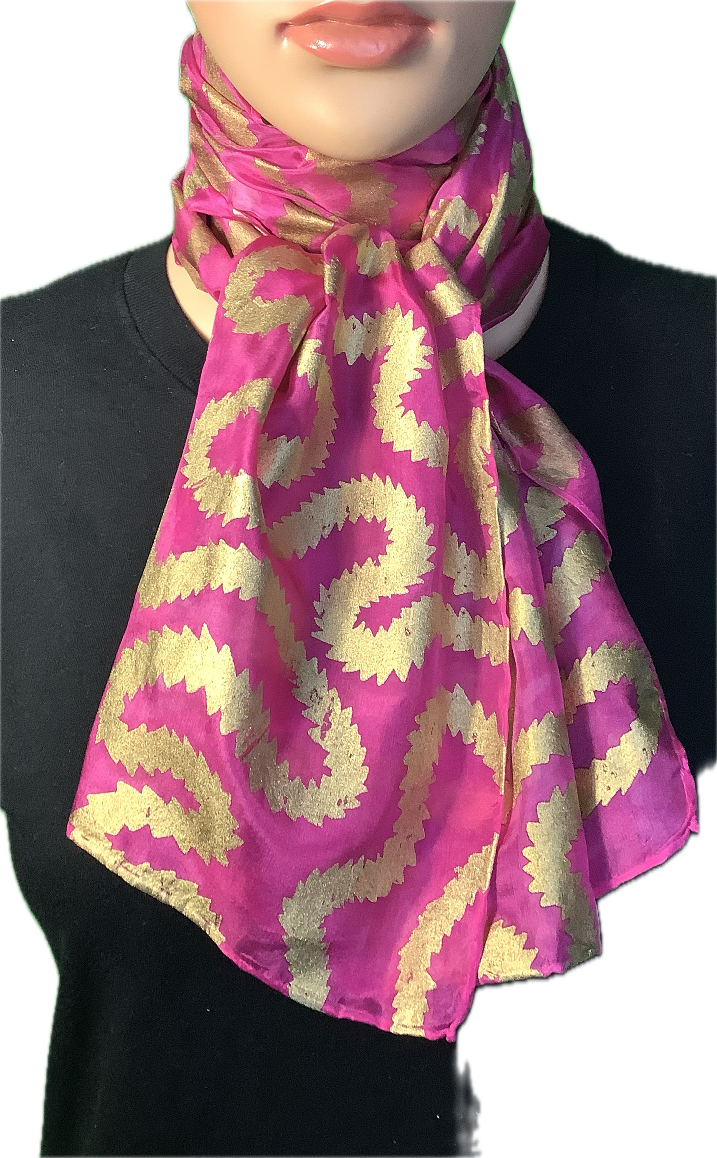 Silk scarf in Cerise Pink with gold print - 135x35cms