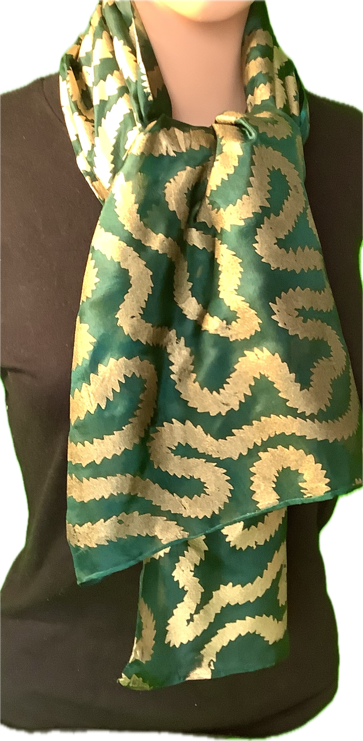 Silk scarf in Forest Green with gold print 135 x 35cms