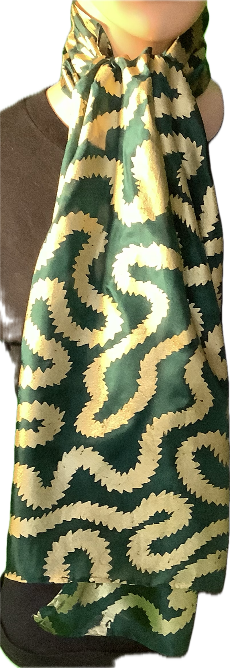 Silk scarf in Forest Green with gold print 135 x 35cms