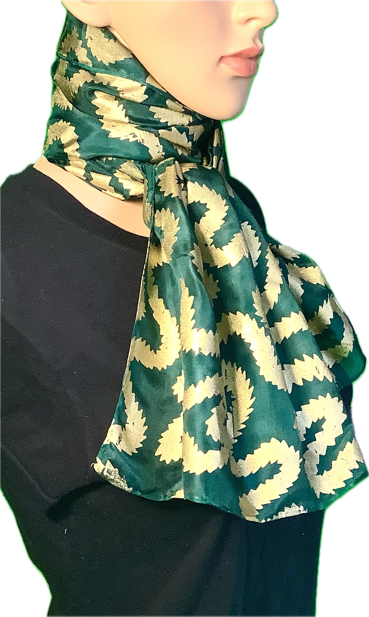 Silk scarf in Forest Green with gold print 135 x 35cms