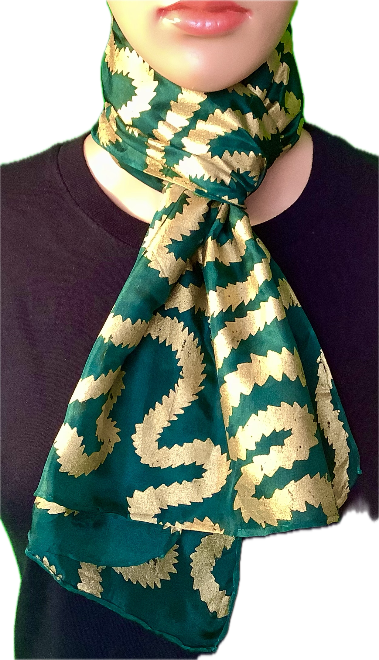 Silk scarf in Forest Green with gold print 135 x 35cms