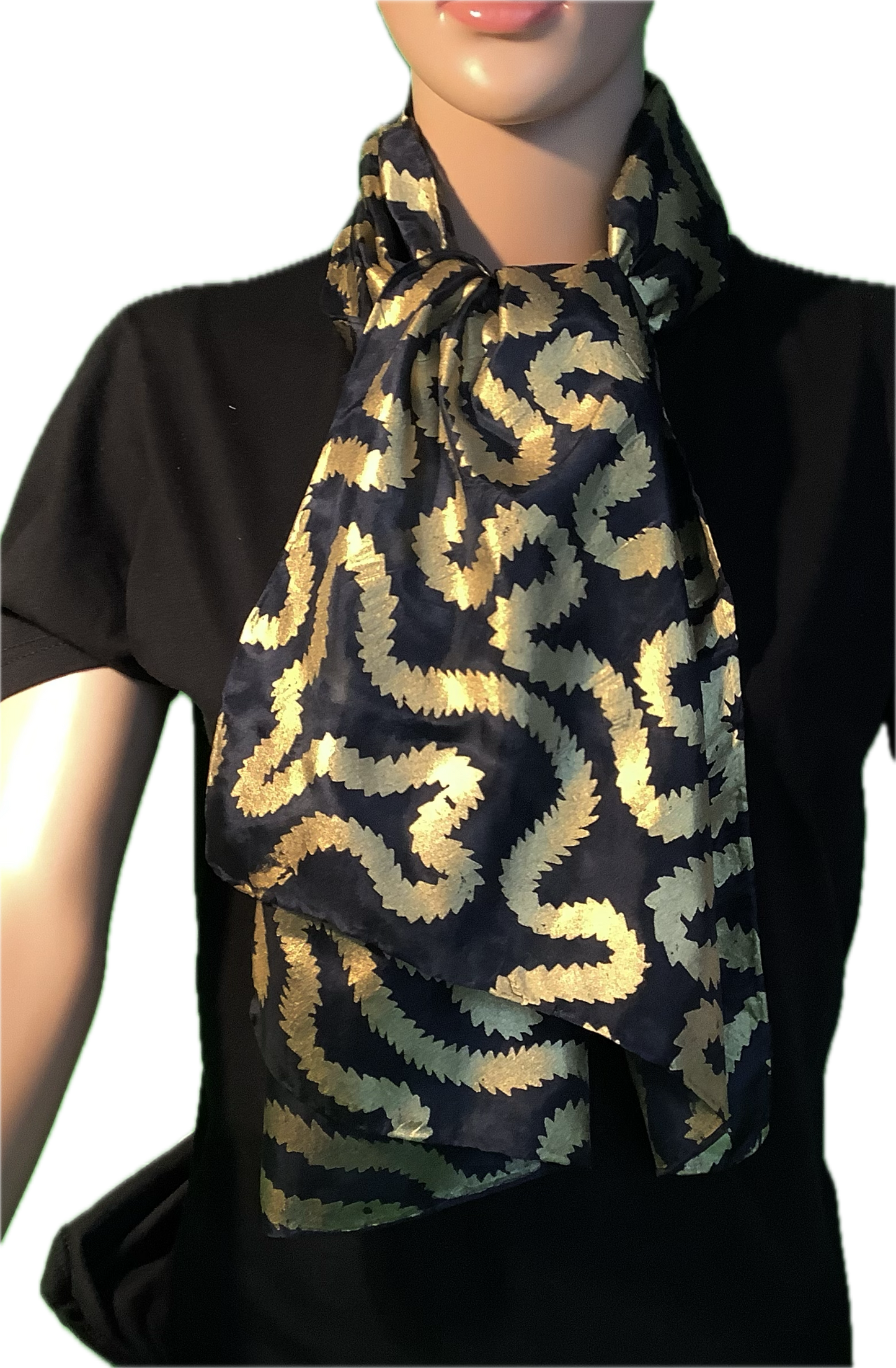 Silk scarf in black with Gold print - 135cms x 35cms