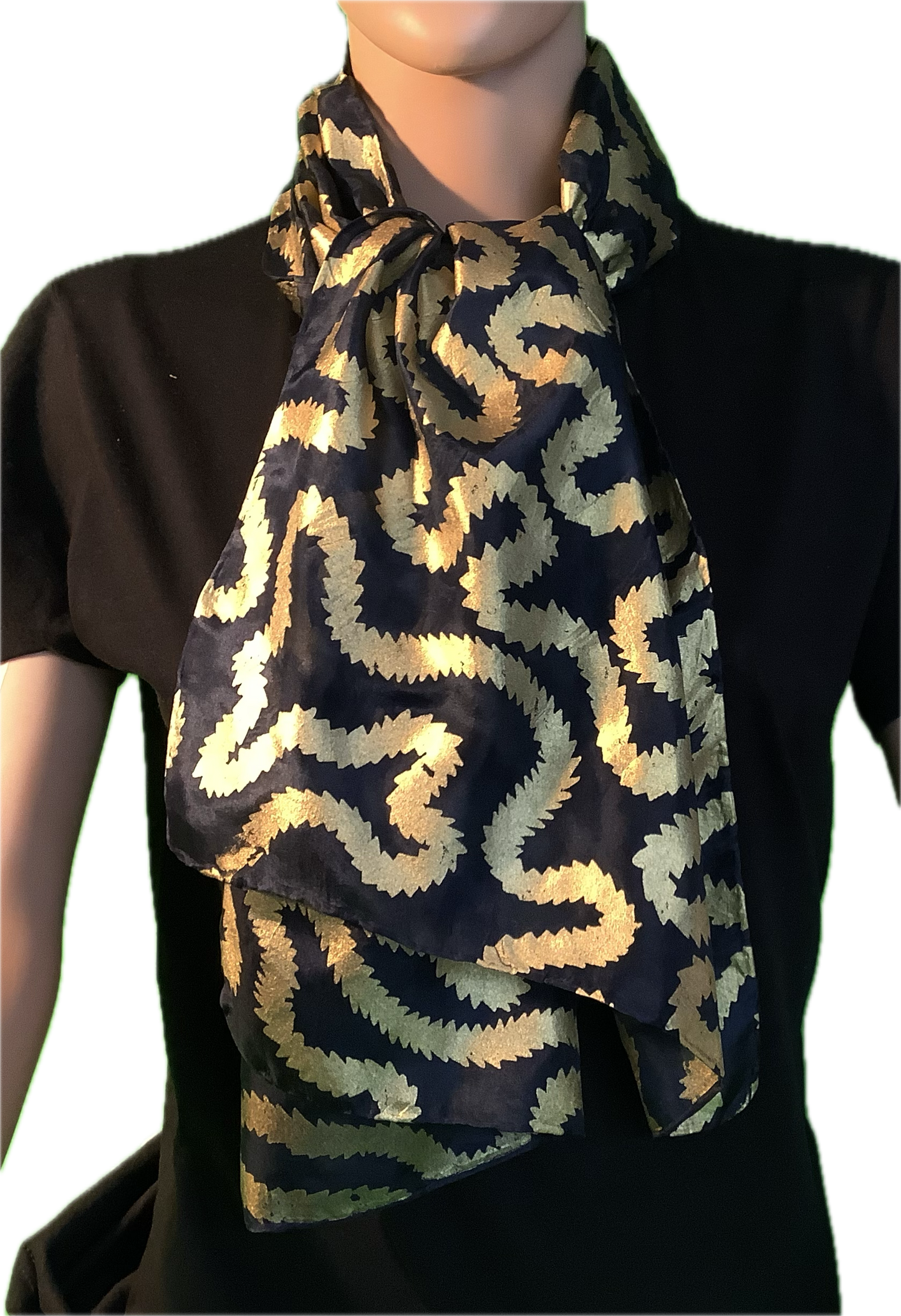 Silk scarf in black with Gold print - 135cms x 35cms