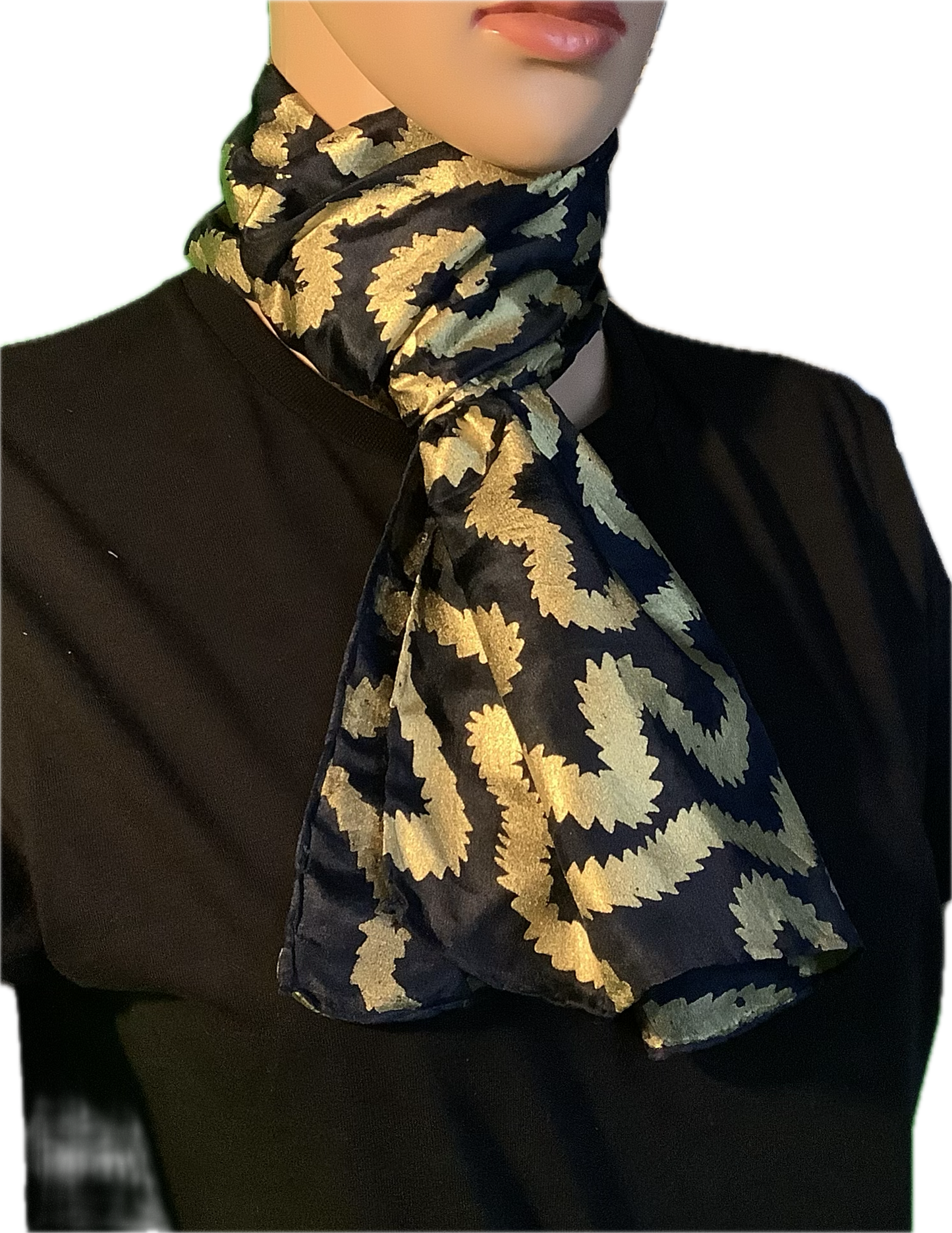 Silk scarf in black with Gold print - 135cms x 35cms