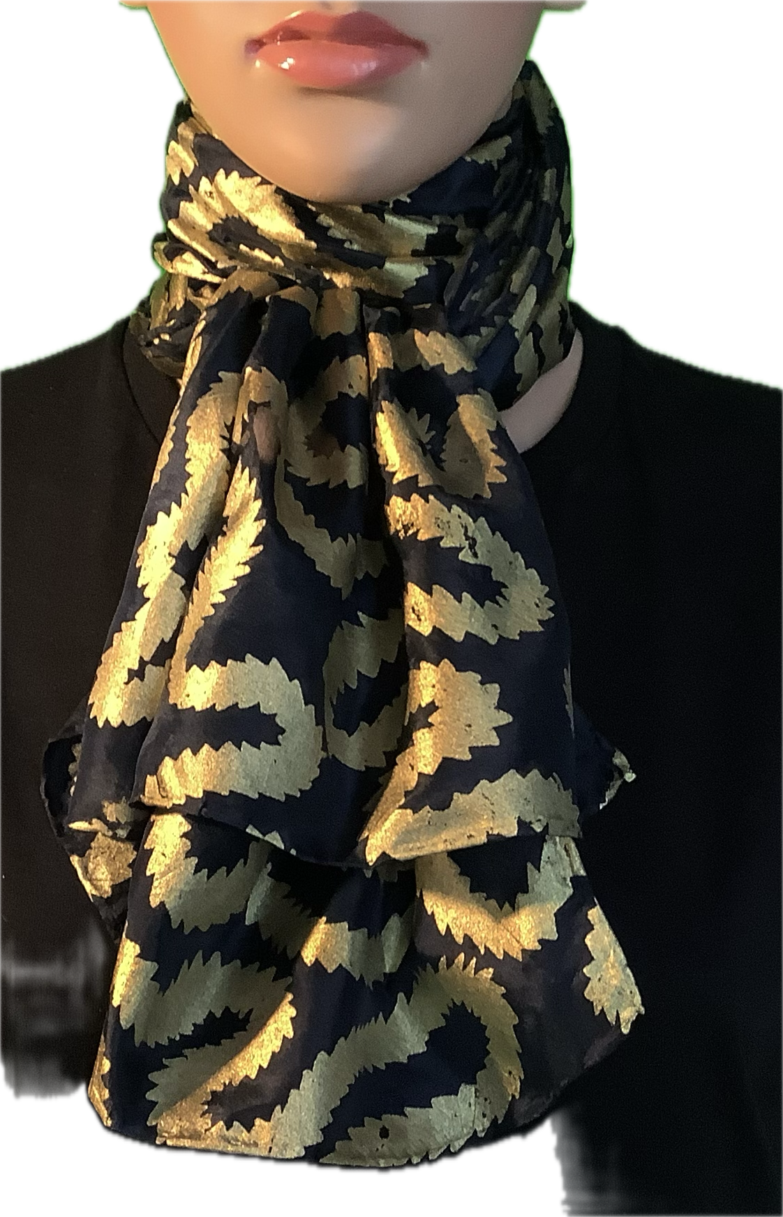 Silk scarf in black with Gold print - 135cms x 35cms