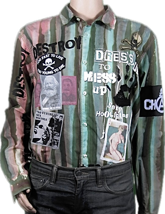 Dress Up to Mess Up shirt in Green multi stripes and patches Large