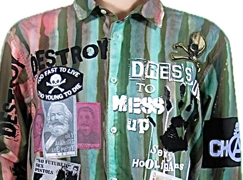 Dress Up to Mess Up shirt in Green multi stripes and patches Large
