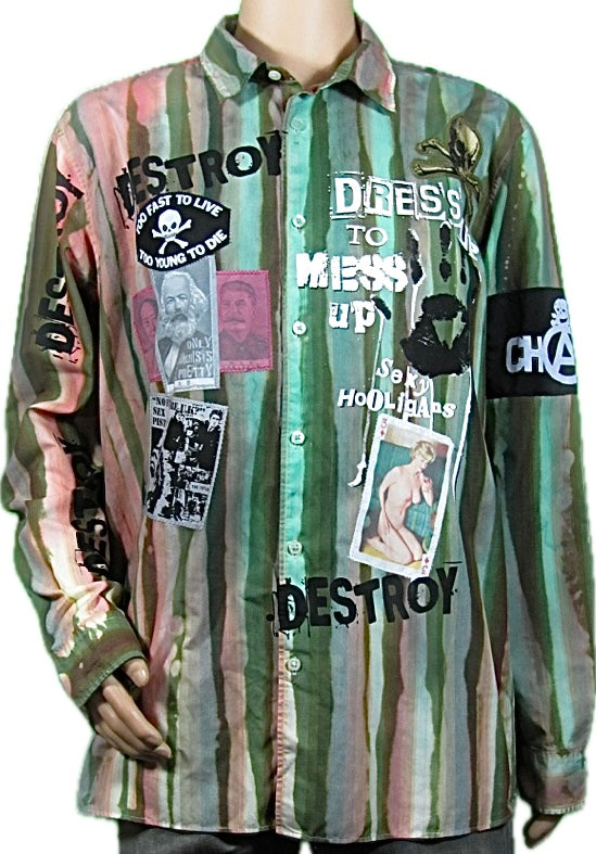 Dress Up to Mess Up shirt in Green multi stripes and patches Large