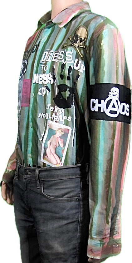 Dress Up to Mess Up shirt in Green multi stripes and patches Large