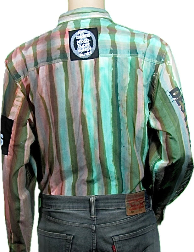Dress Up to Mess Up shirt in Green multi stripes and patches Large