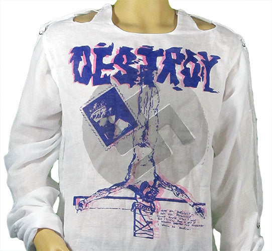 Destroy in blue/pink and grey on white T-SHIRT or MUSLIN