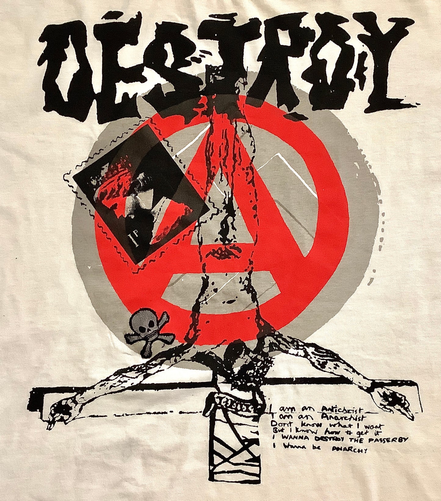 SALE: Destroy Anarchy in red and grey on white T-SHIRT 2XL 63cms