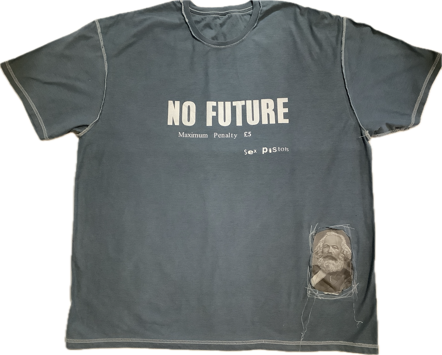 SALE: No Future marx patch on dyed Grey T-SHIRT 2XL 66cms/26” wide