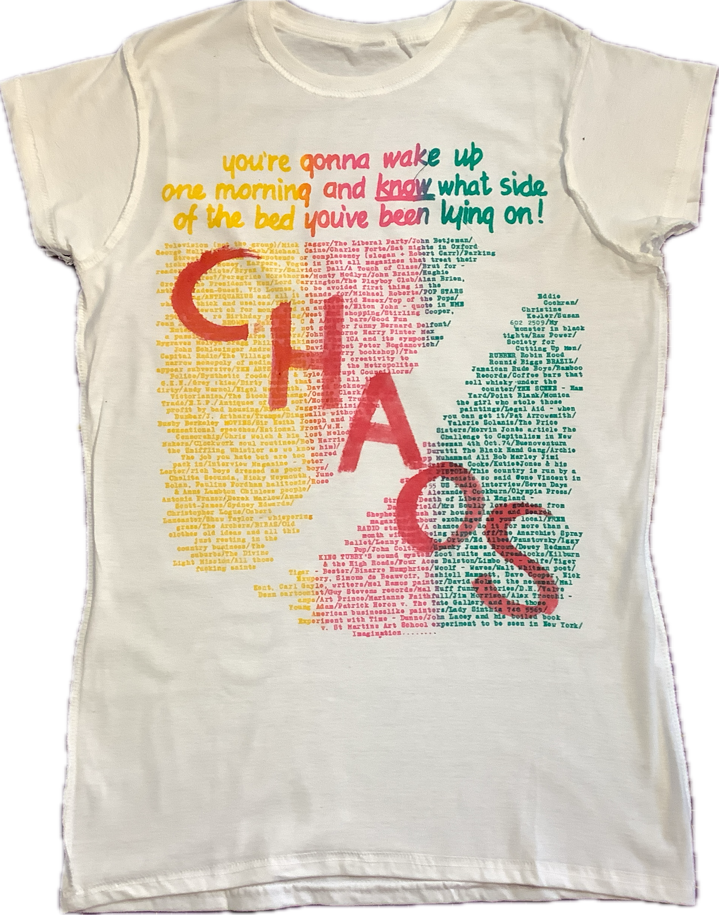 Wake Up WOMEN'S t-shirt in yellow, pink and green. Size 10/12 medium