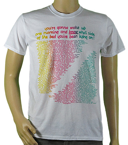 Wake Up in yellow, pink and green on white t-shirt