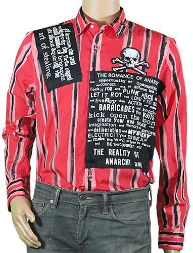 Romance of Anarchy red painted striped shirt with white print patches