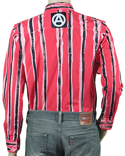 Romance of Anarchy red painted striped shirt with white print patches