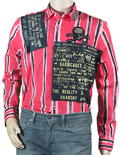 Romance of Anarchy red painted striped shirt with gold print patches