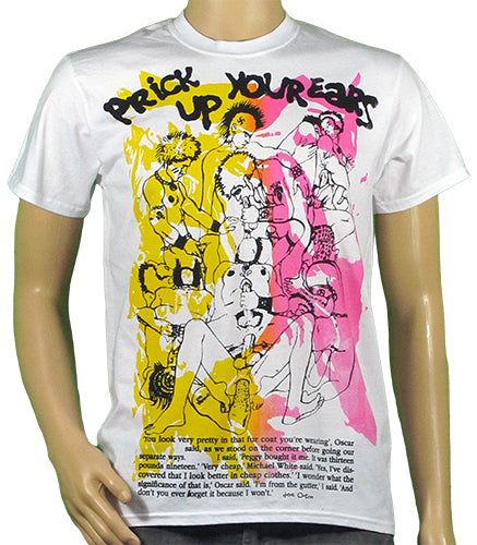 Prick Up Your Ears in yellow and pink on white T-SHIRT or MUSLIN