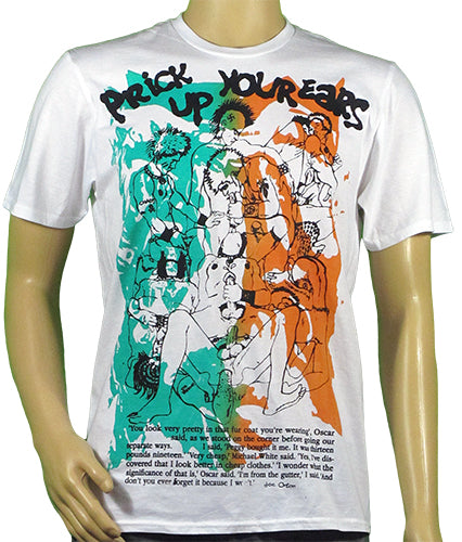 Prick Up Your Ears white t-shirt in green and orange